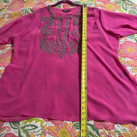 Hot pink sheer sparkly party blouse top - Picture 6 of 11